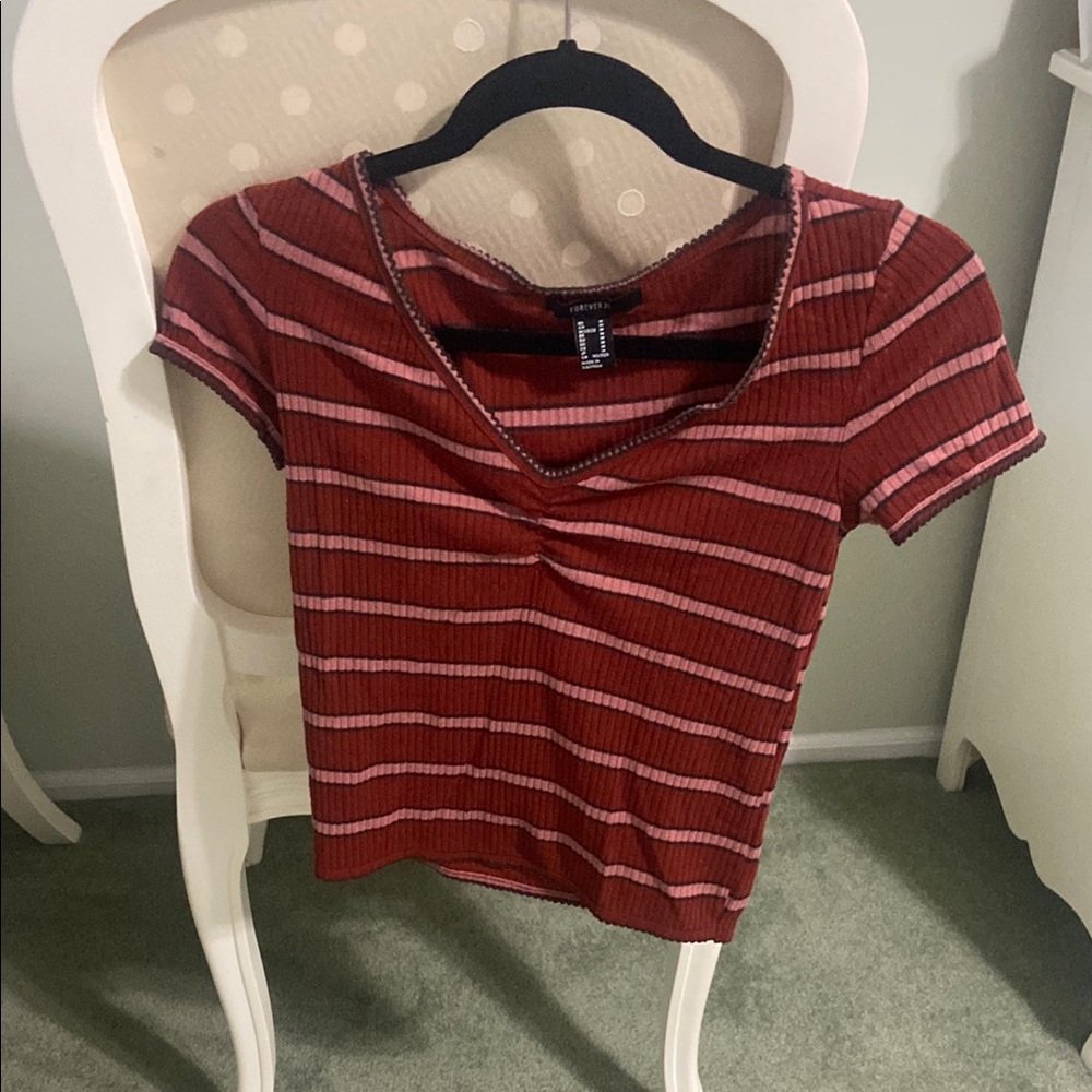 Forever 21 Red Ribbed Crop T-Shirt Short Sleeve